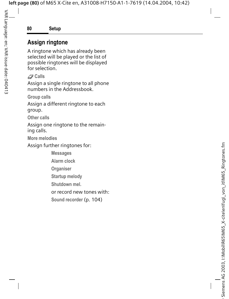 Assign ringtone | Siemens M65 User Manual | Page 81 / 142