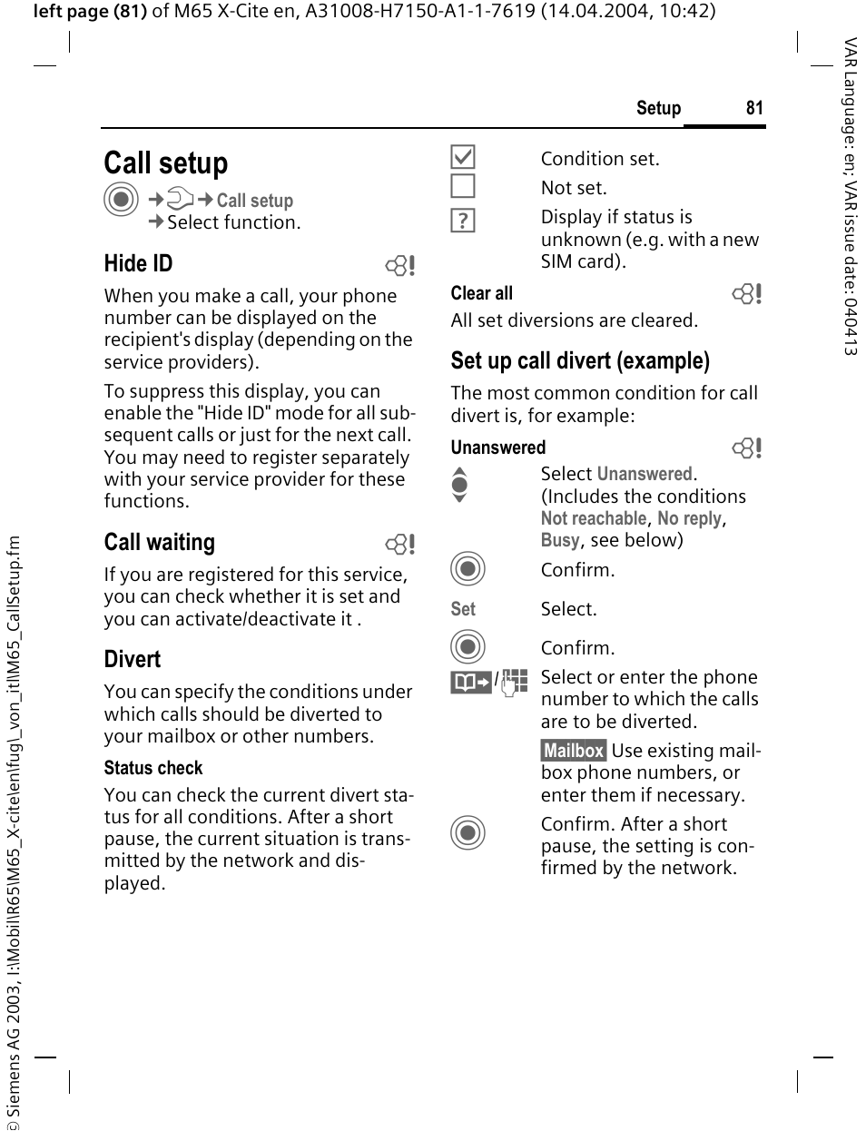 Call setup | Siemens M65 User Manual | Page 82 / 142