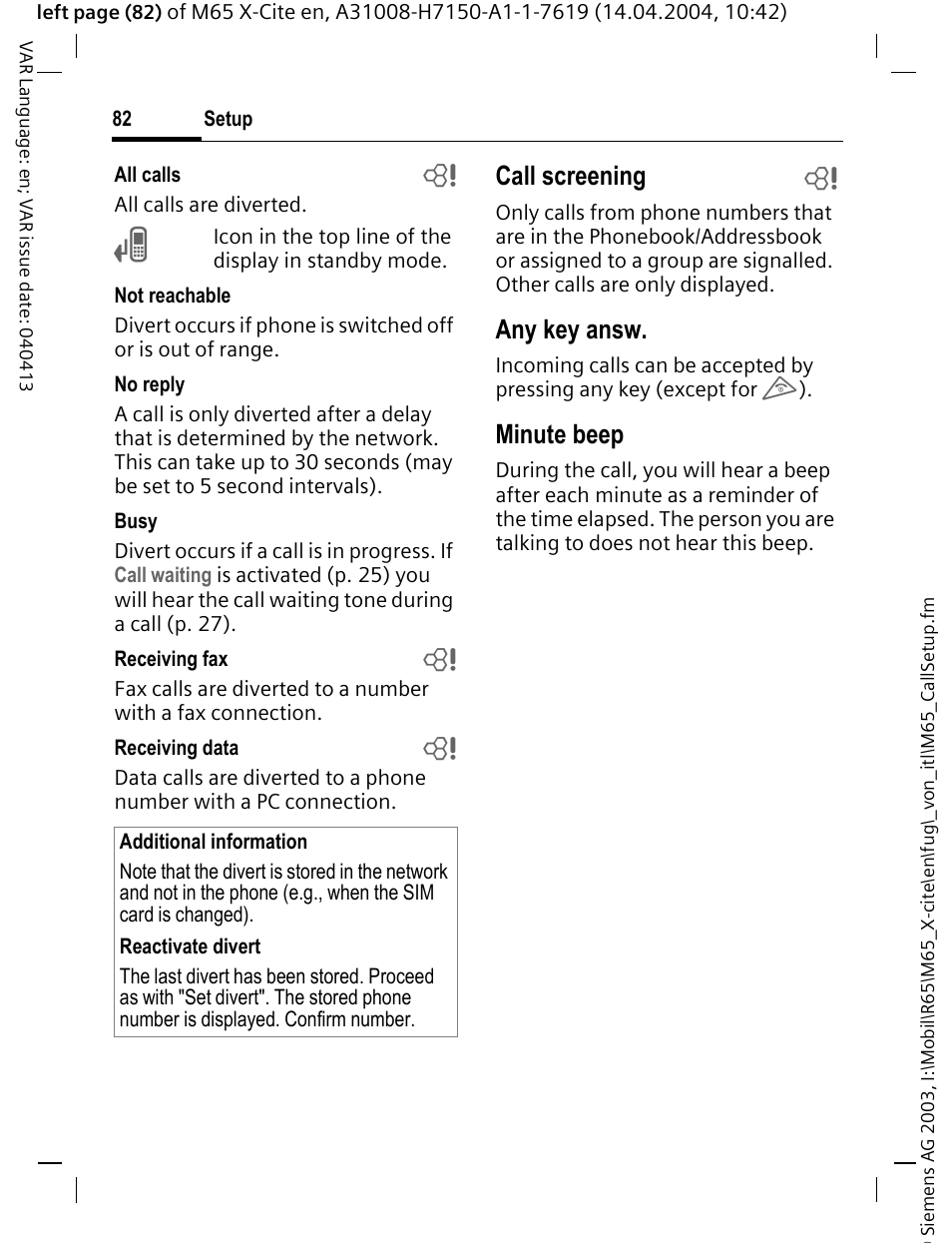 Call screening b, Any key answ, Minute beep | Siemens M65 User Manual | Page 83 / 142