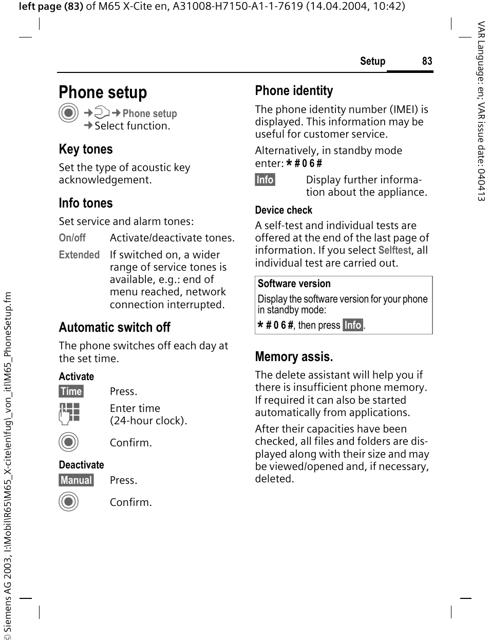 Phone setup, Key tones, Info tones | Automatic switch off, Phone identity | Siemens M65 User Manual | Page 84 / 142