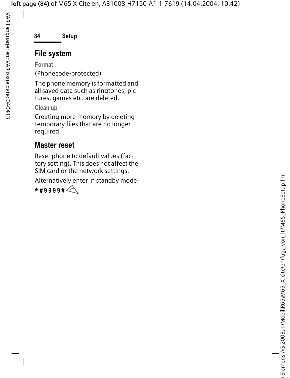 File system, Master reset | Siemens M65 User Manual | Page 85 / 142