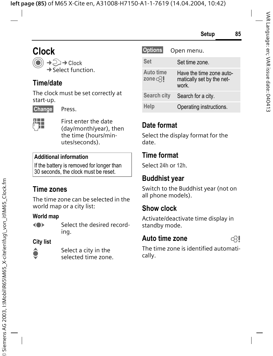 Clock, Time/date, Time zones | Date format, Time format, Buddhist year, Show clock, Auto time zone b | Siemens M65 User Manual | Page 86 / 142