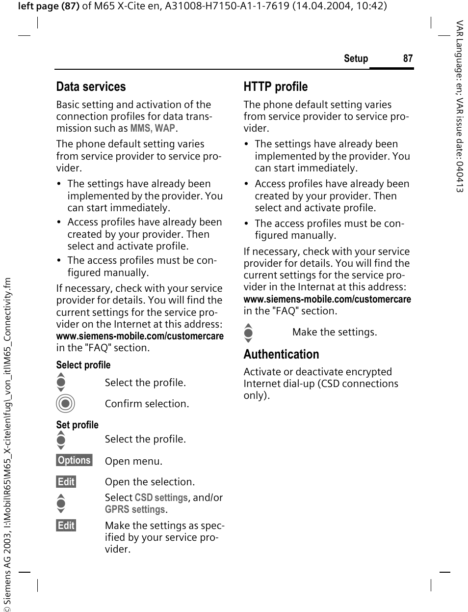 Data services, Authentication | Siemens M65 User Manual | Page 88 / 142