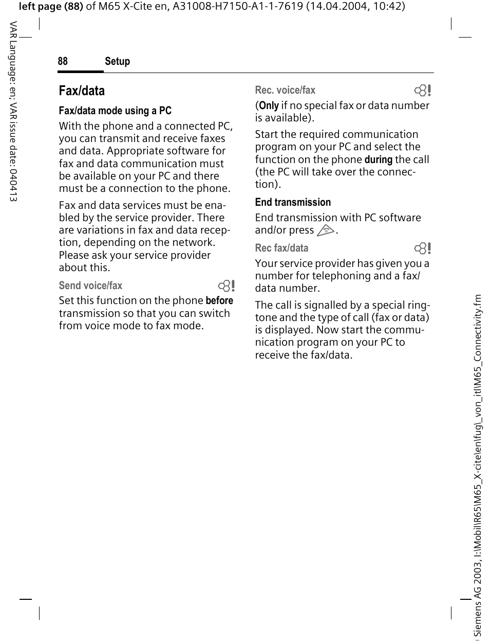 Fax/data | Siemens M65 User Manual | Page 89 / 142