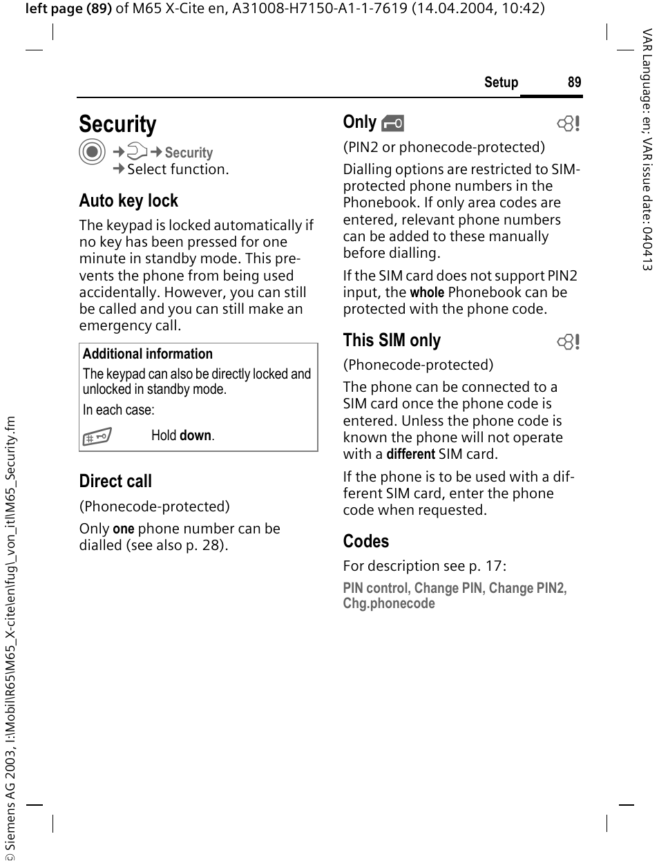 Security, Auto key lock, Direct call | Only, This sim only b, Codes | Siemens M65 User Manual | Page 90 / 142