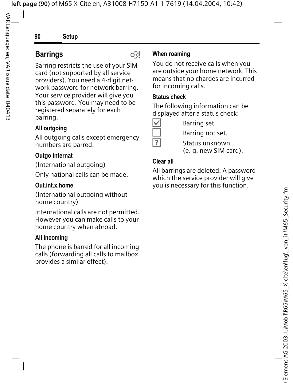 Barrings b | Siemens M65 User Manual | Page 91 / 142