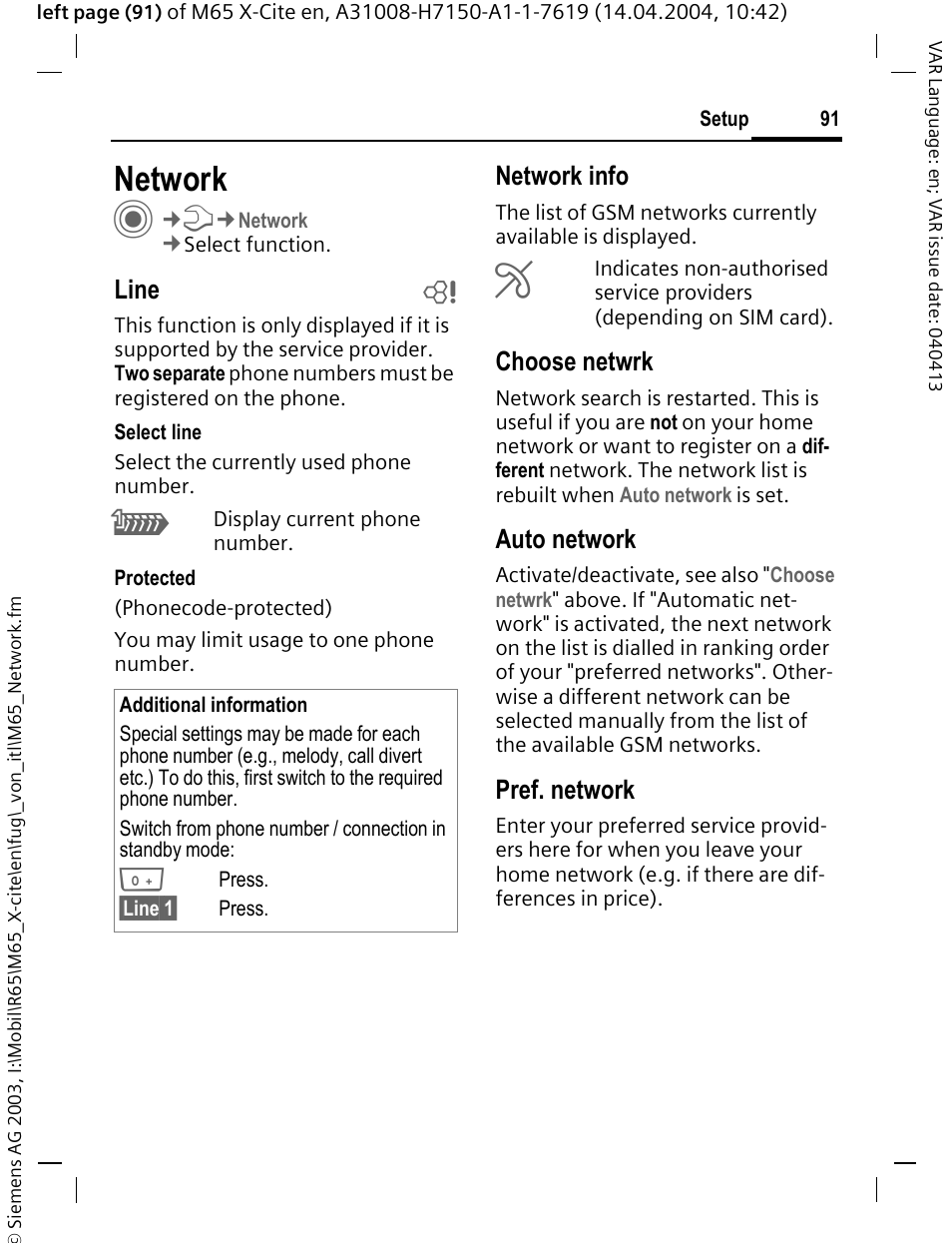 Network, Line b, Network info | Choose netwrk, Auto network, Pref. network | Siemens M65 User Manual | Page 92 / 142