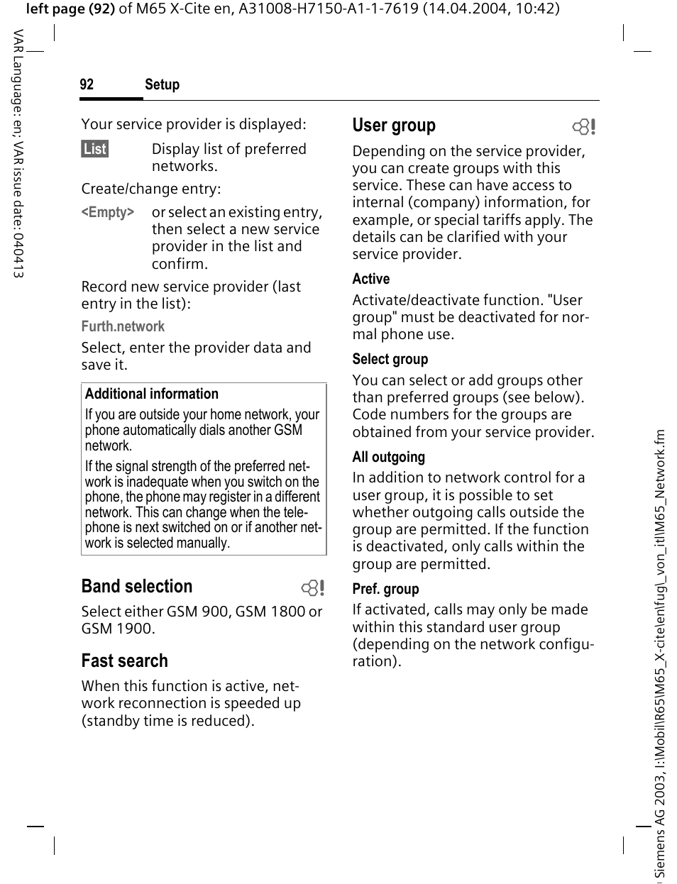 Band selection b, Fast search, User group b | Siemens M65 User Manual | Page 93 / 142