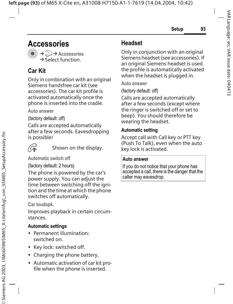 Accessories, Car kit, Headset | Siemens M65 User Manual | Page 94 / 142