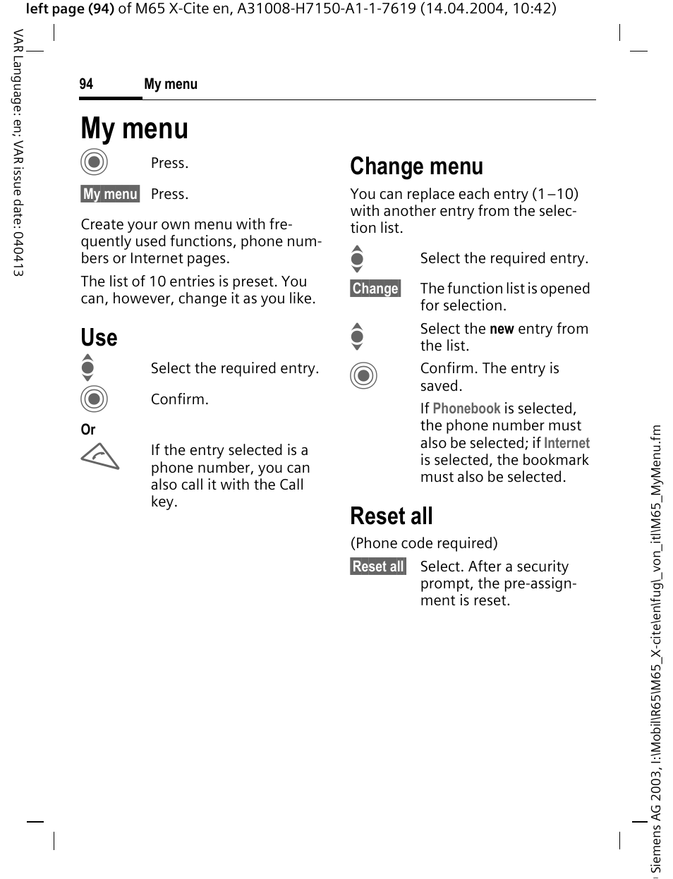 My menu, Create your own menu (p. 94) wit, My menu c | Change menu, Reset all | Siemens M65 User Manual | Page 95 / 142