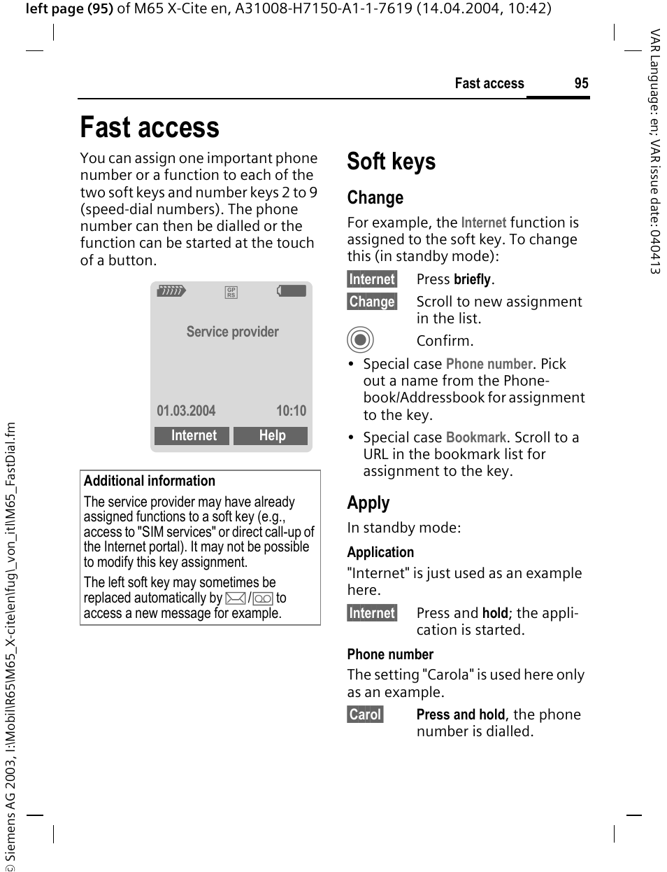 Fast access, Soft keys, Change | Apply | Siemens M65 User Manual | Page 96 / 142