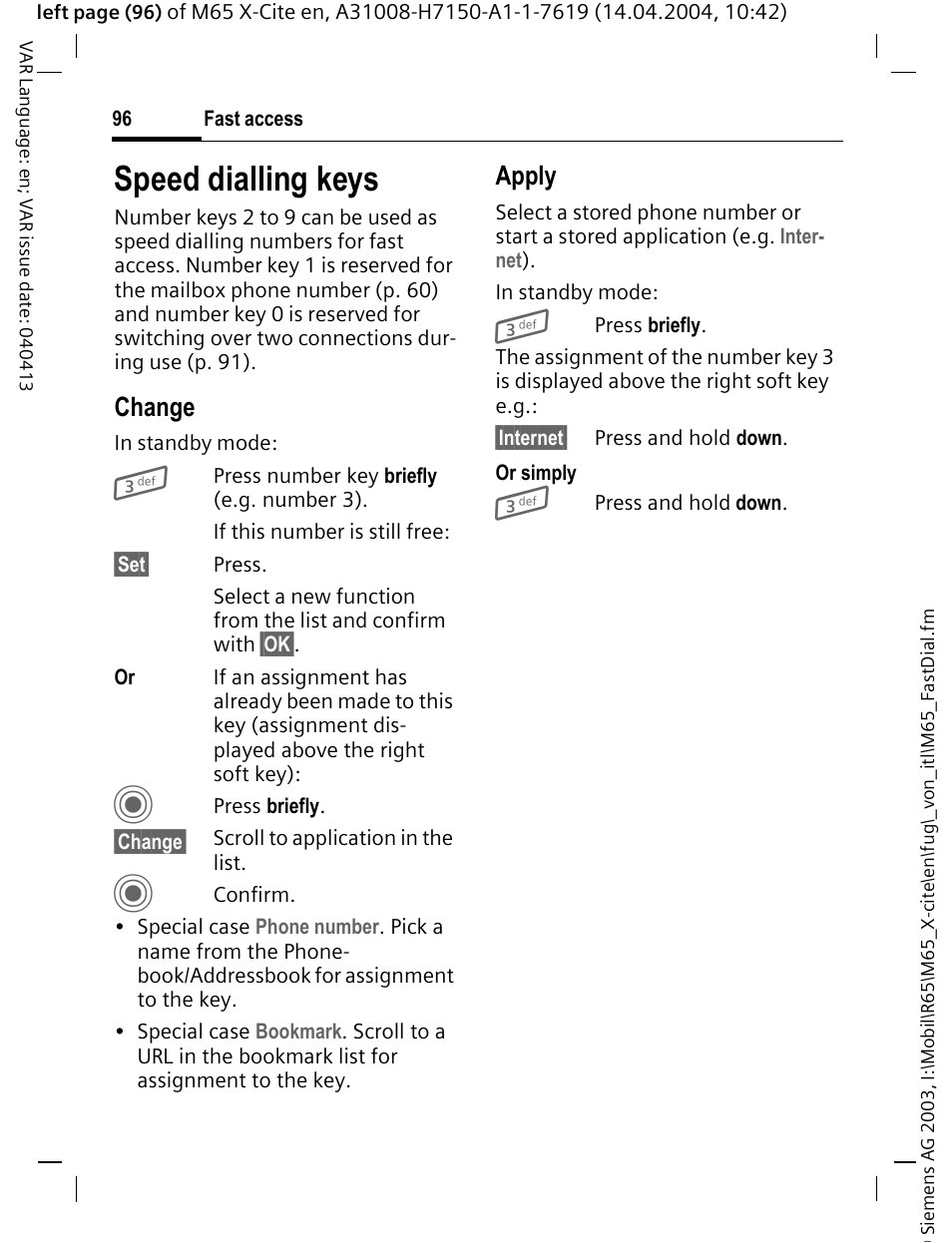 Speed dialling keys, Change, Apply | Siemens M65 User Manual | Page 97 / 142