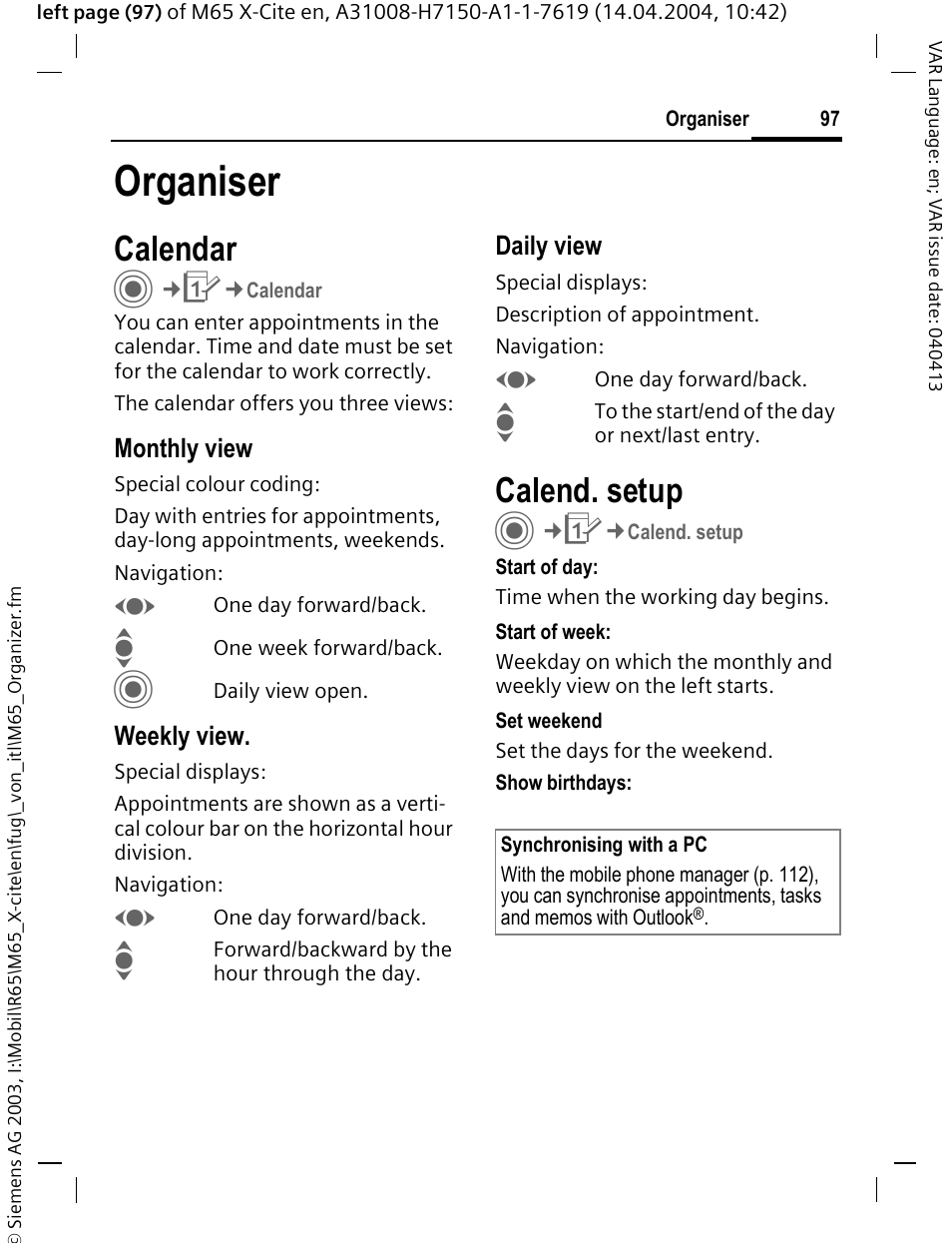 Organiser, Calendar, Calend. setup | Siemens M65 User Manual | Page 98 / 142