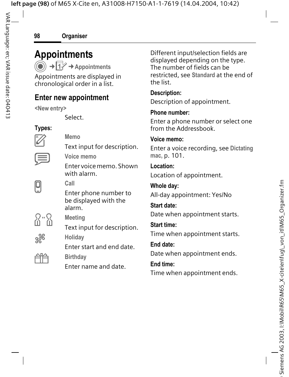 Appointments | Siemens M65 User Manual | Page 99 / 142