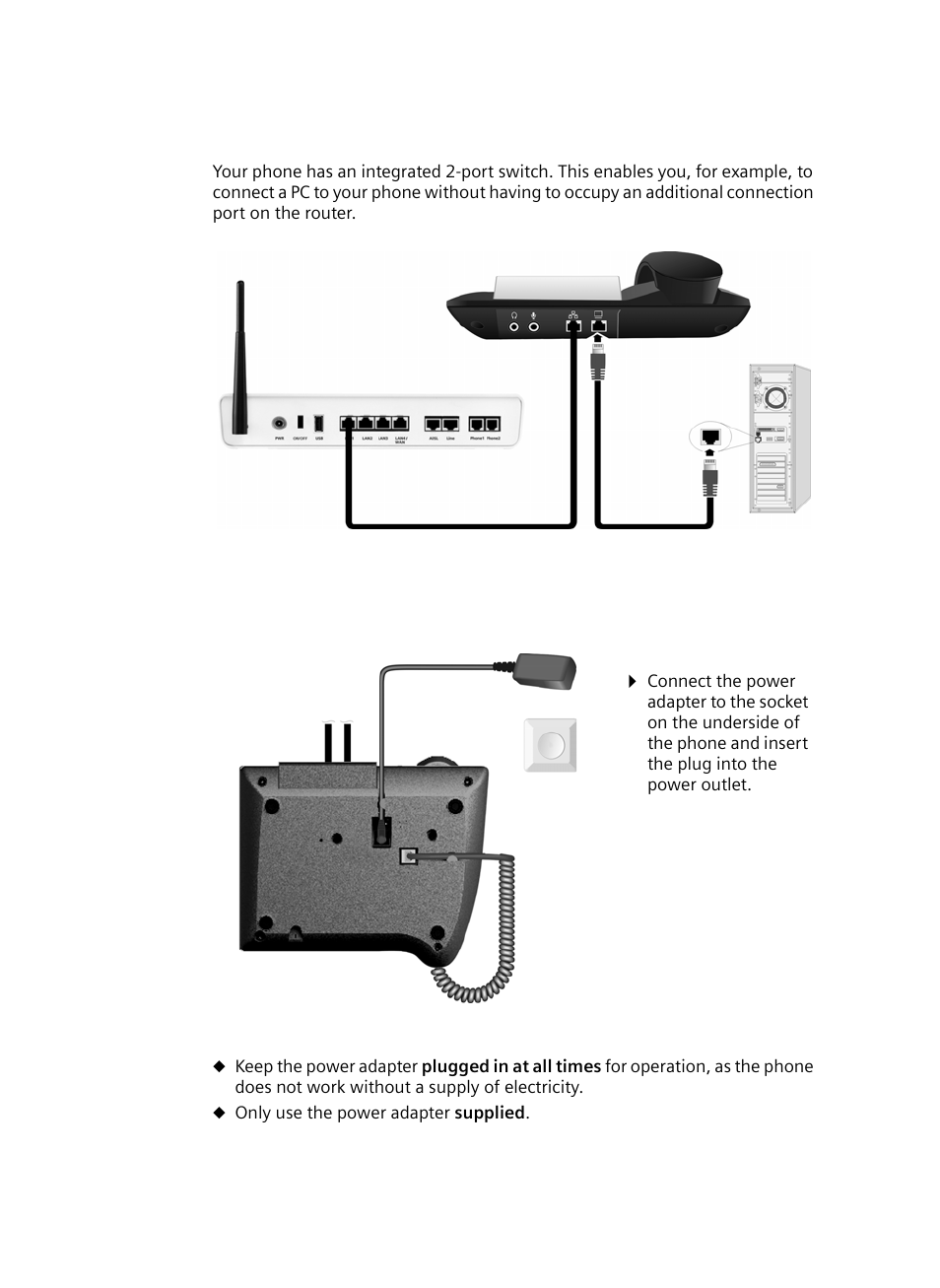 Optional: connecting a pc to your phone, Connecting the phone to the power supply | Siemens Gigaset DE380 IP R User Manual | Page 10 / 91