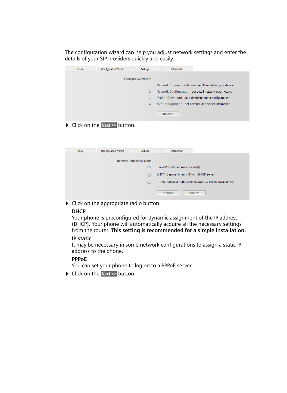 Running the configuration wizard, Defining the network connection mode | Siemens Gigaset DE380 IP R User Manual | Page 13 / 91