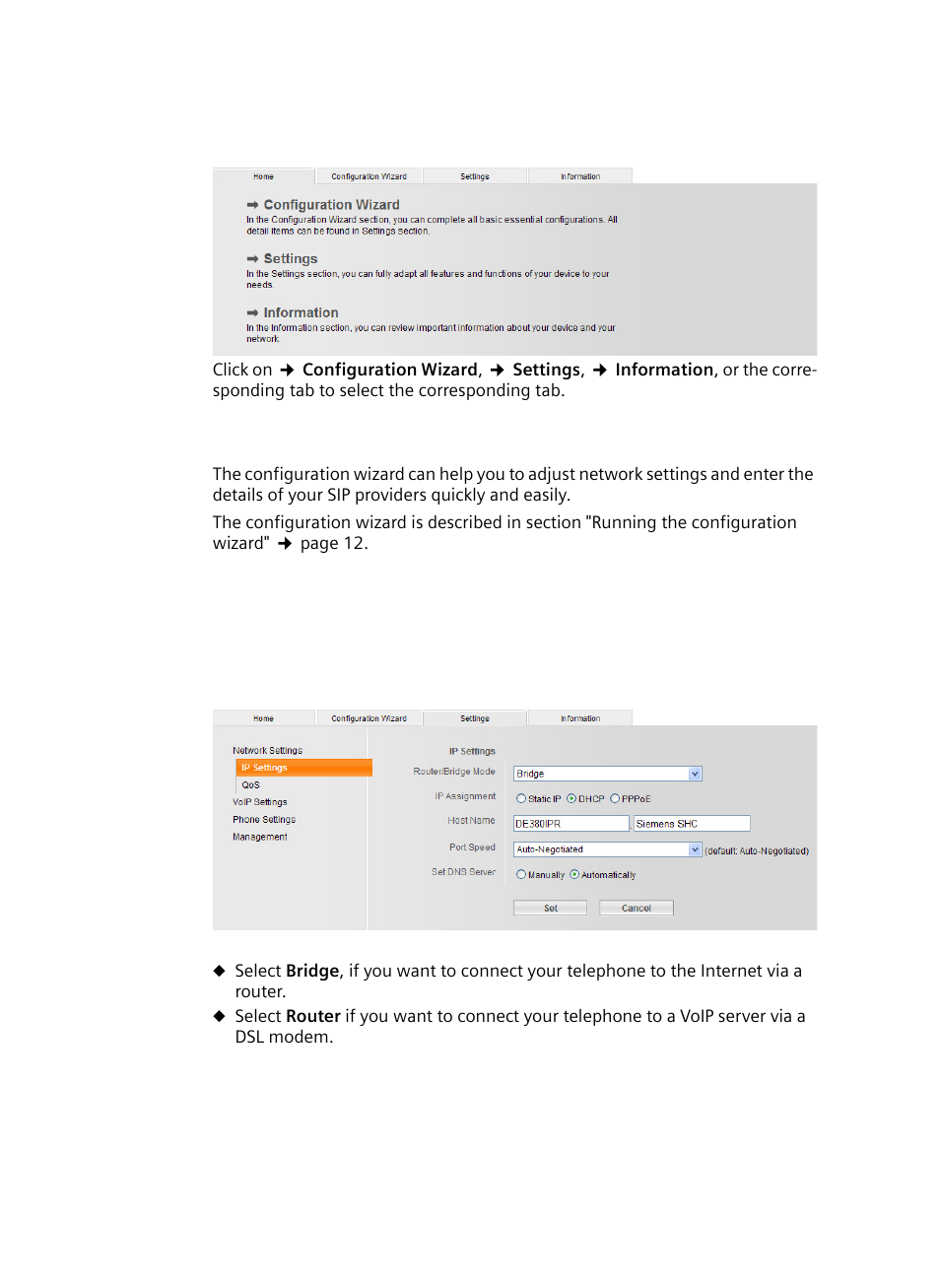 Home tab, Configuration wizard tab, Settings tab | Network settings, Home tab configuration wizard tab settings tab | Siemens Gigaset DE380 IP R User Manual | Page 27 / 91