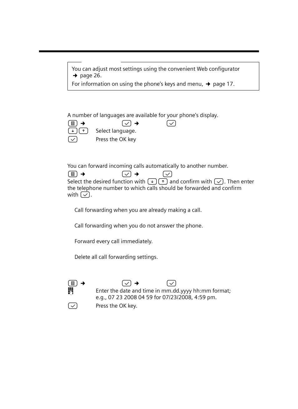 Adjusting settings via the phone menu, Setting the language, Setting call forwarding | Setting the date and time, For informat | Siemens Gigaset DE380 IP R User Manual | Page 49 / 91