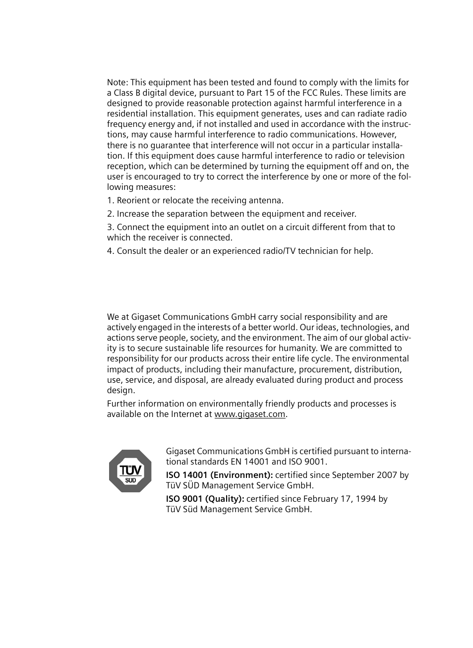 Radio frequency interference statement, Environment, Our environmental mission statement | Environmental management system | Siemens Gigaset DE380 IP R User Manual | Page 64 / 91