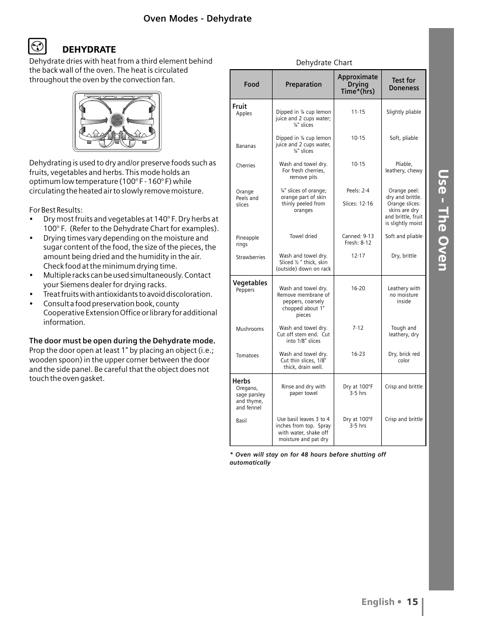 English • 15, Dehydrate, Oven modes - dehydrate | Dehydrate chart | Siemens HG2516UC User Manual | Page 19 / 104