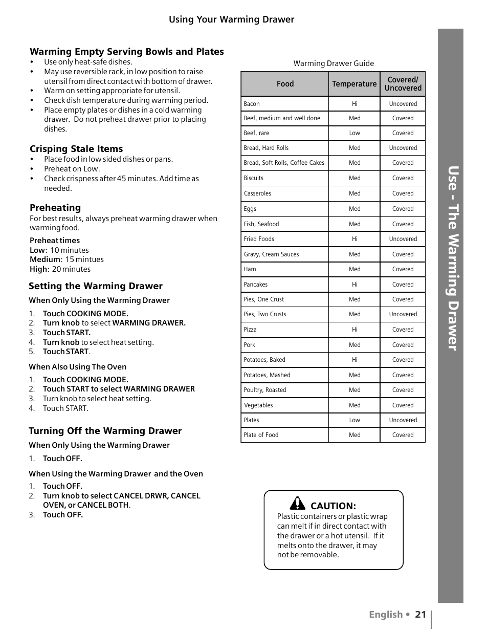 Use - the w arming dra w e r, English • 21, Warming empty serving bowls and plates | Crisping stale items, Preheating, Using your warming drawer, Setting the warming drawer, Turning off the warming drawer, Caution | Siemens HG2516UC User Manual | Page 25 / 104