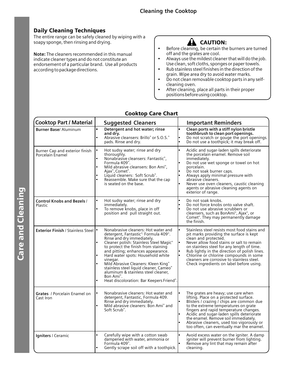 Daily cleaning techniques, Cleaning the cooktop caution | Siemens HG2516UC User Manual | Page 26 / 104