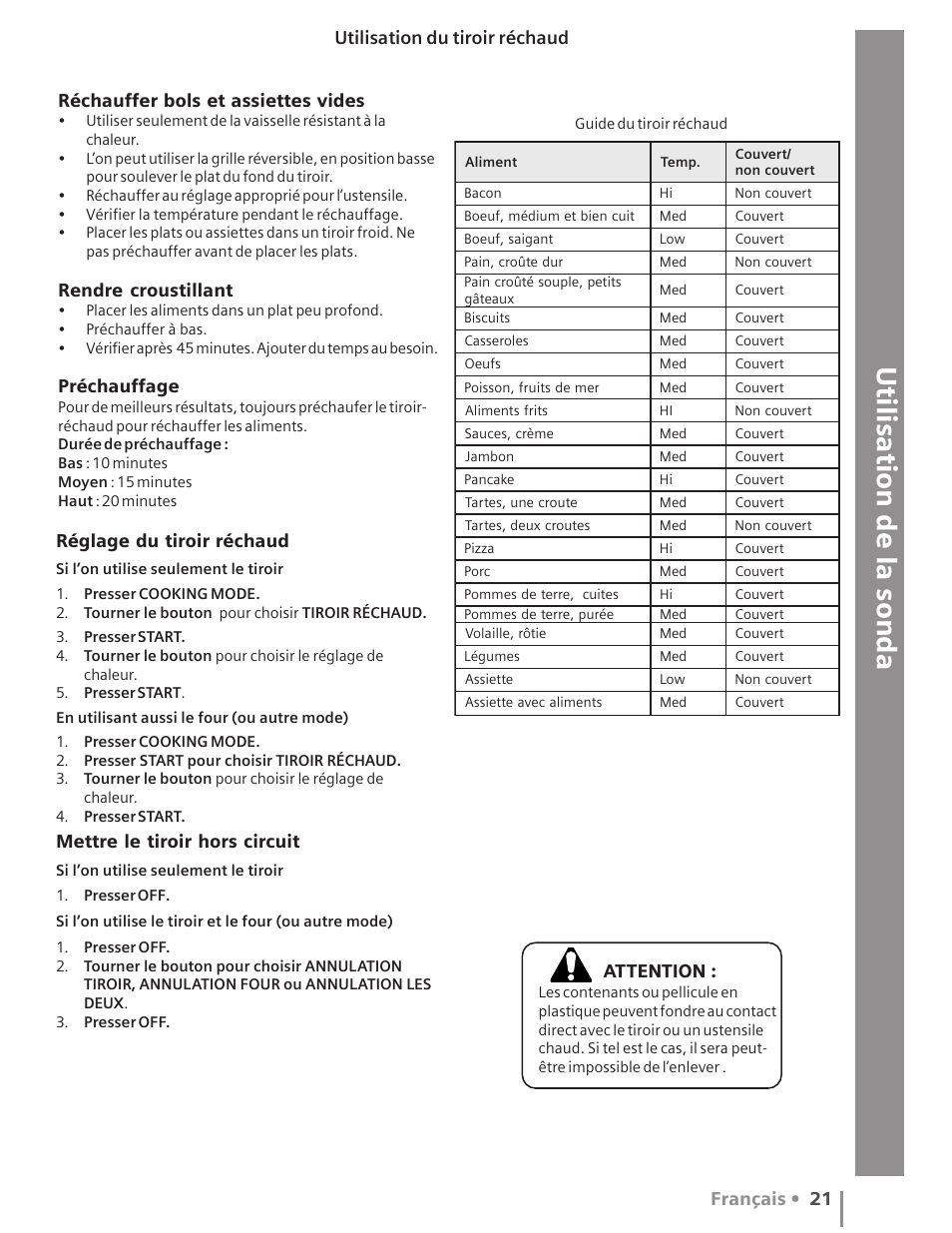 Utilisation de la sonda, Français • 21, Réchauffer bols et assiettes vides | Rendre croustillant, Préchauffage, Utilisation du tiroir réchaud, Réglage du tiroir réchaud, Mettre le tiroir hors circuit, Attention | Siemens HG2516UC User Manual | Page 59 / 104