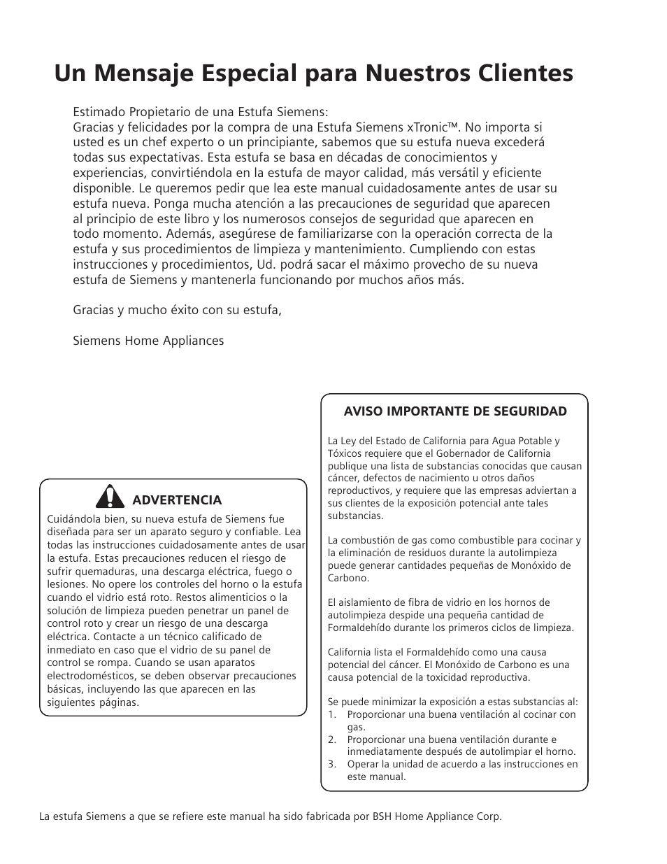 Un mensaje especial para nuestros clientes | Siemens HG2516UC User Manual | Page 70 / 104