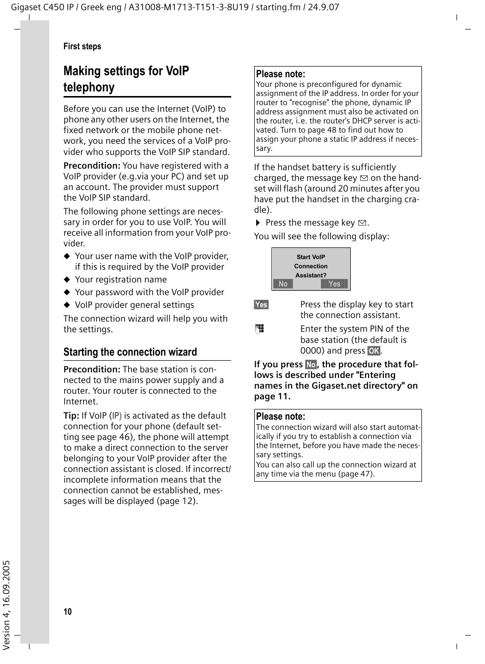 Making settings for voip telephony, Starting the connection wizard | Siemens Gigaset C450IP User Manual | Page 11 / 106