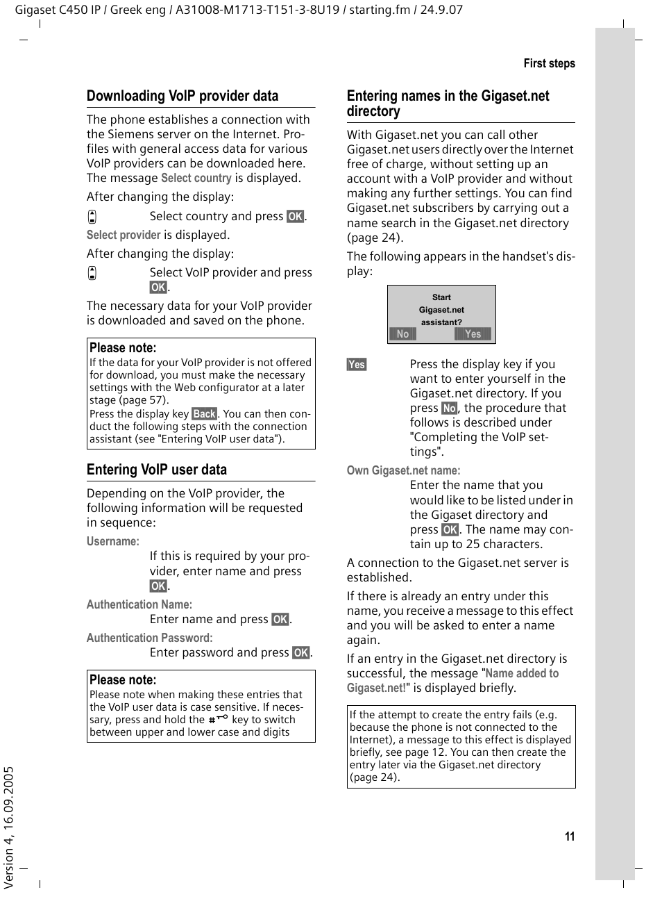 Downloading voip provider data, Entering voip user data, Entering names in the gigaset.net directory | Entering, Names in the gigaset.net directory" on | Siemens Gigaset C450IP User Manual | Page 12 / 106