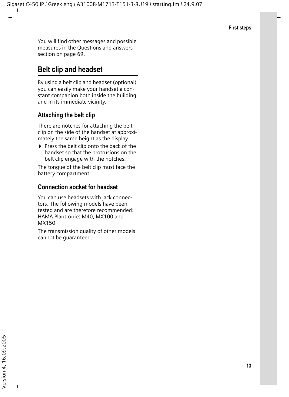 Belt clip and headset, Attaching the belt clip, Connection socket for headset | Siemens Gigaset C450IP User Manual | Page 14 / 106