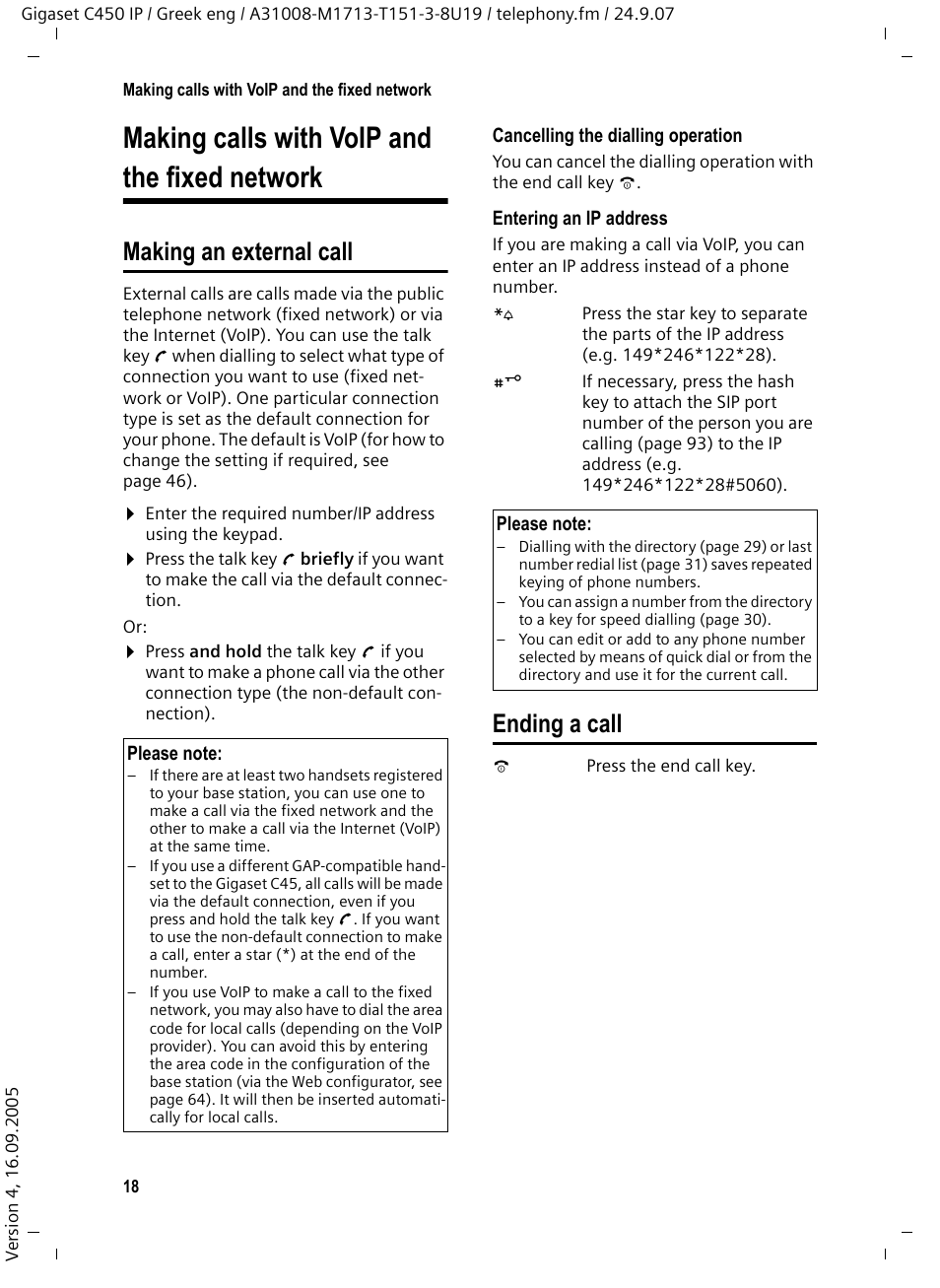 Making calls with voip and the fixed network, Making an external call, Ending a call | Making an external call ending a call | Siemens Gigaset C450IP User Manual | Page 19 / 106