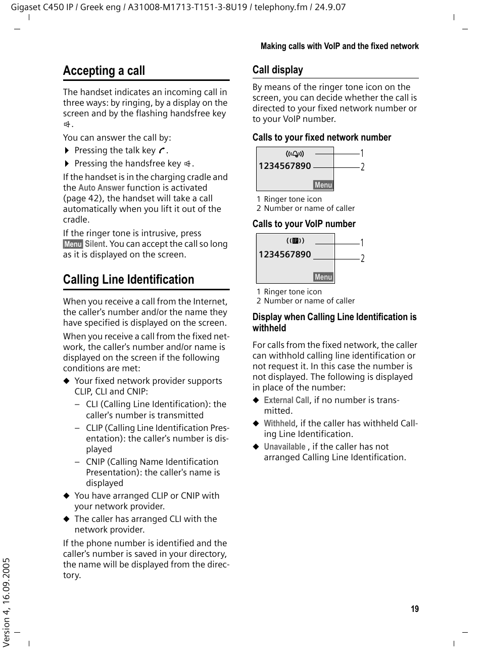 Accepting a call, Calling line identification, Call display | Accepting a call calling line identification | Siemens Gigaset C450IP User Manual | Page 20 / 106