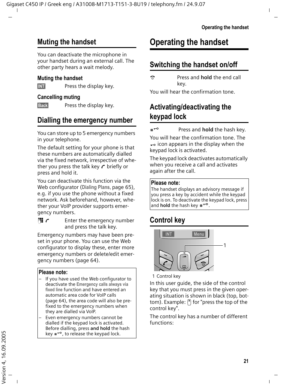 Muting the handset, Dialling the emergency number, Operating the handset | Switching the handset on/off, Activating/deactivating the keypad lock, Control key, Muting the handset dialling the emergency number | Siemens Gigaset C450IP User Manual | Page 22 / 106