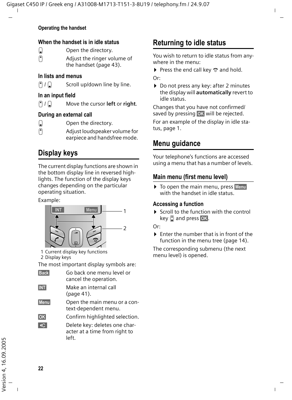 Display keys, Returning to idle status, Menu guidance | Main menu (first menu level) | Siemens Gigaset C450IP User Manual | Page 23 / 106