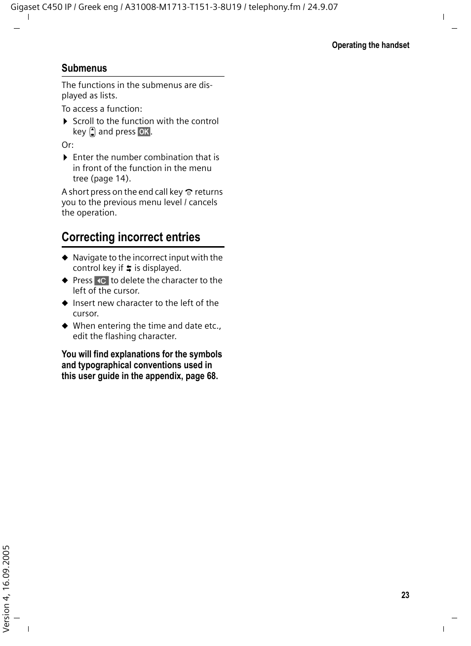 Submenus, Correcting incorrect entries | Siemens Gigaset C450IP User Manual | Page 24 / 106