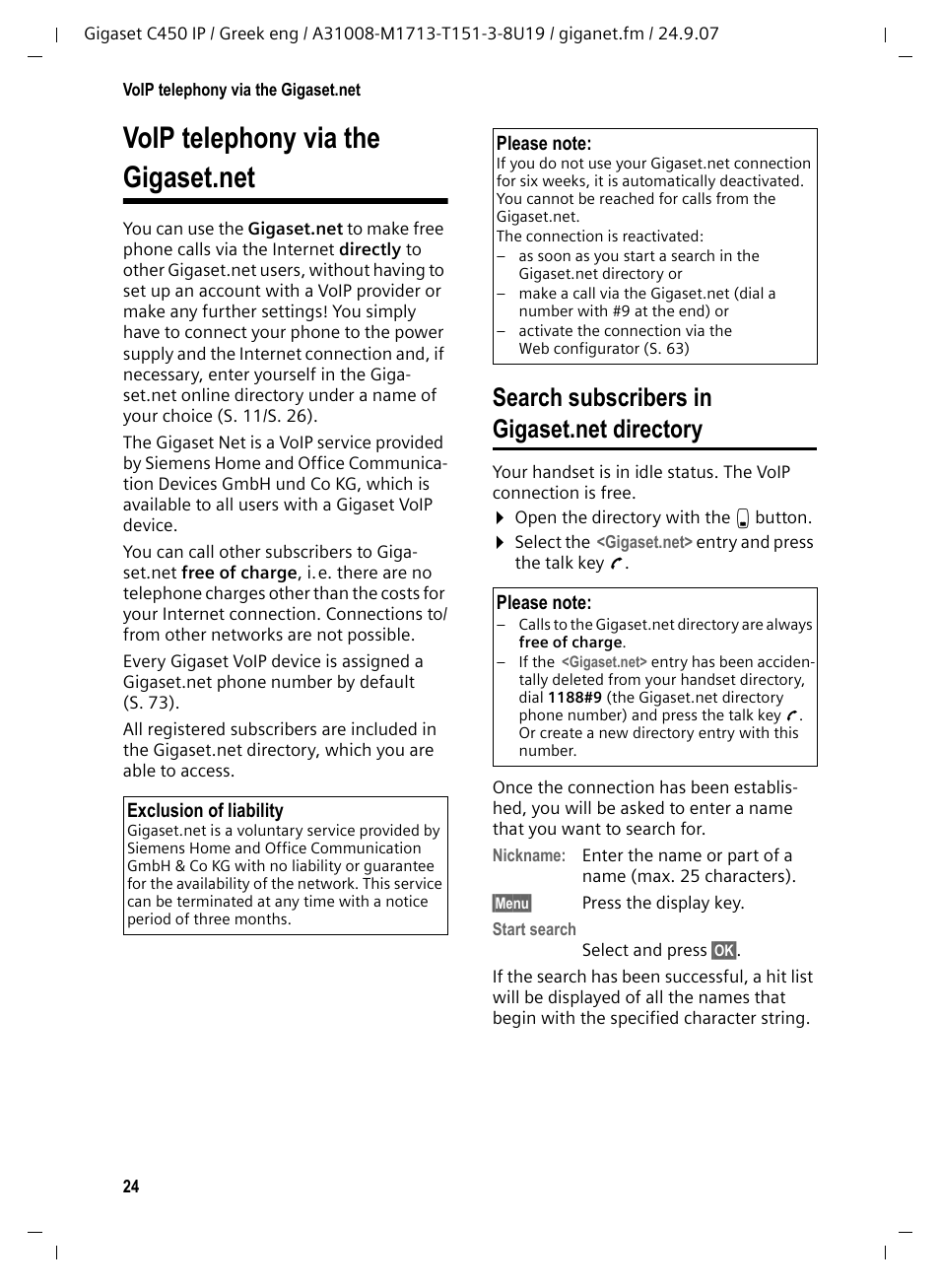 Voip telephony via the gigaset.net, Search subscribers in gigaset.net directory | Siemens Gigaset C450IP User Manual | Page 25 / 106