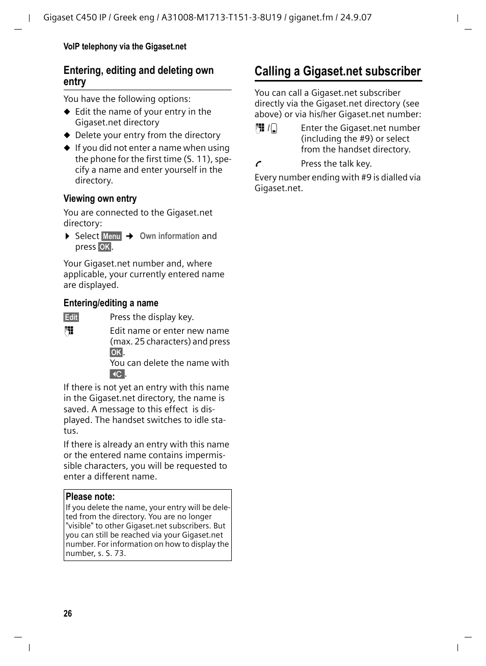 Entering, editing and deleting own entry, Calling a gigaset.net subscriber, Entering, editing and deleting | Own entry | Siemens Gigaset C450IP User Manual | Page 27 / 106