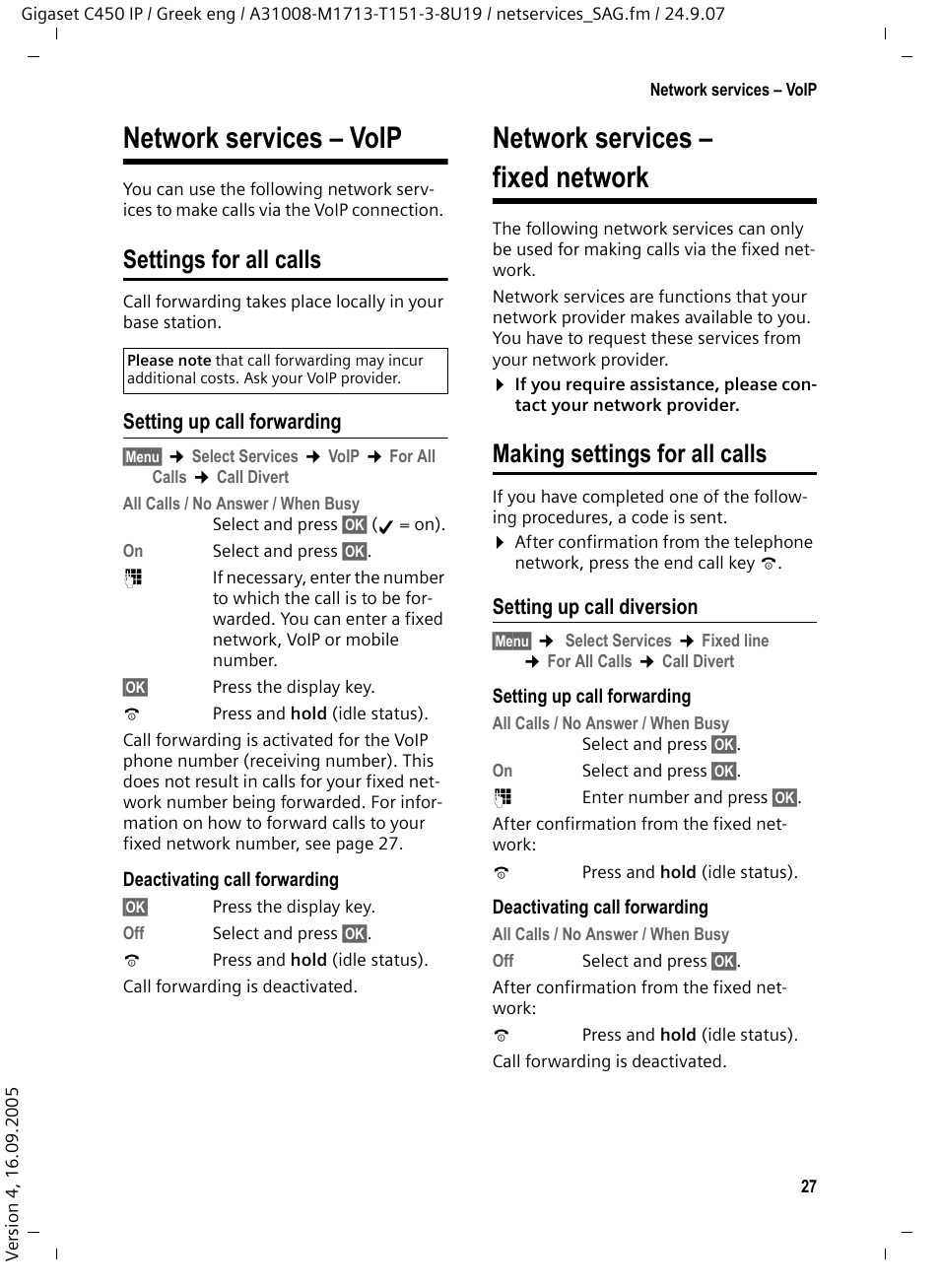 Network services - voip, Settings for all calls, Setting up call forwarding | Network services - fixed network, Making settings for all calls, Setting up call diversion, Network services – voip, Network services – fixed network | Siemens Gigaset C450IP User Manual | Page 28 / 106