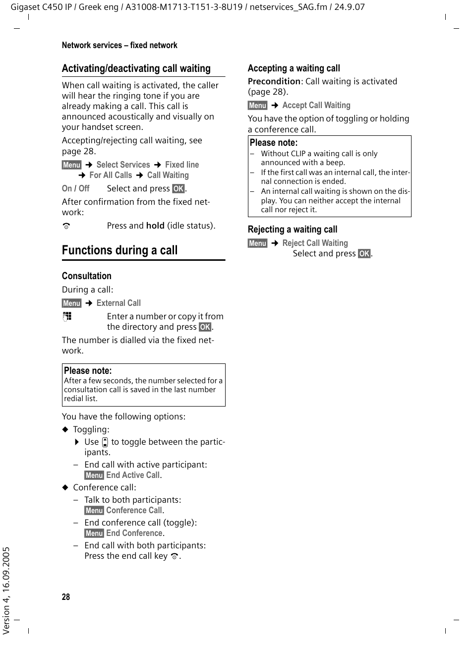 Activating/deactivating call waiting, Functions during a call | Siemens Gigaset C450IP User Manual | Page 29 / 106