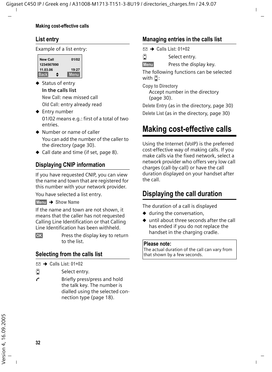 List entry, Displaying cnip information, Selecting from the calls list | Managing entries in the calls list, Making cost-effective calls, Displaying the call duration | Siemens Gigaset C450IP User Manual | Page 33 / 106