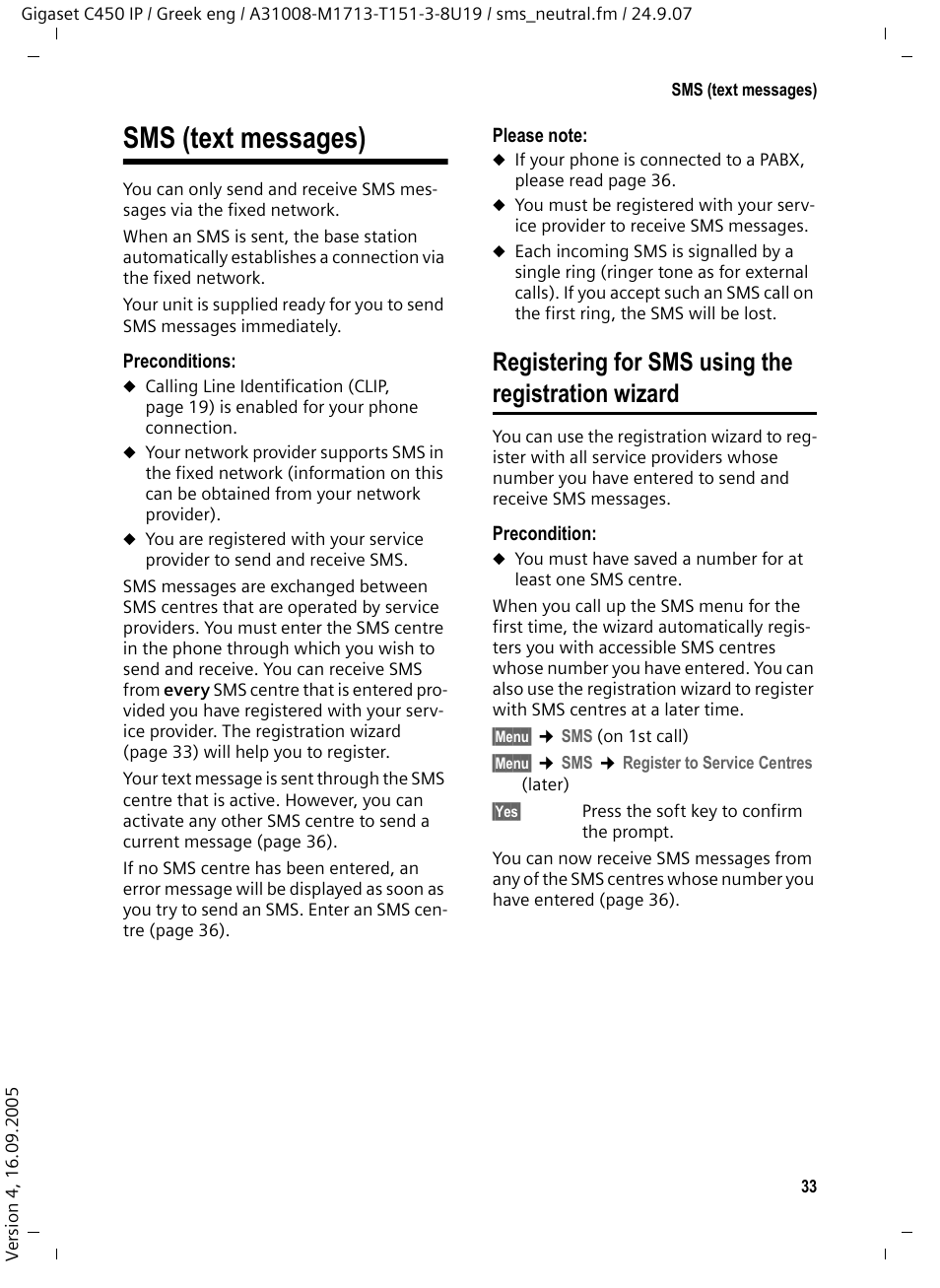 Sms (text messages), Registering for sms using the registration wizard | Siemens Gigaset C450IP User Manual | Page 34 / 106