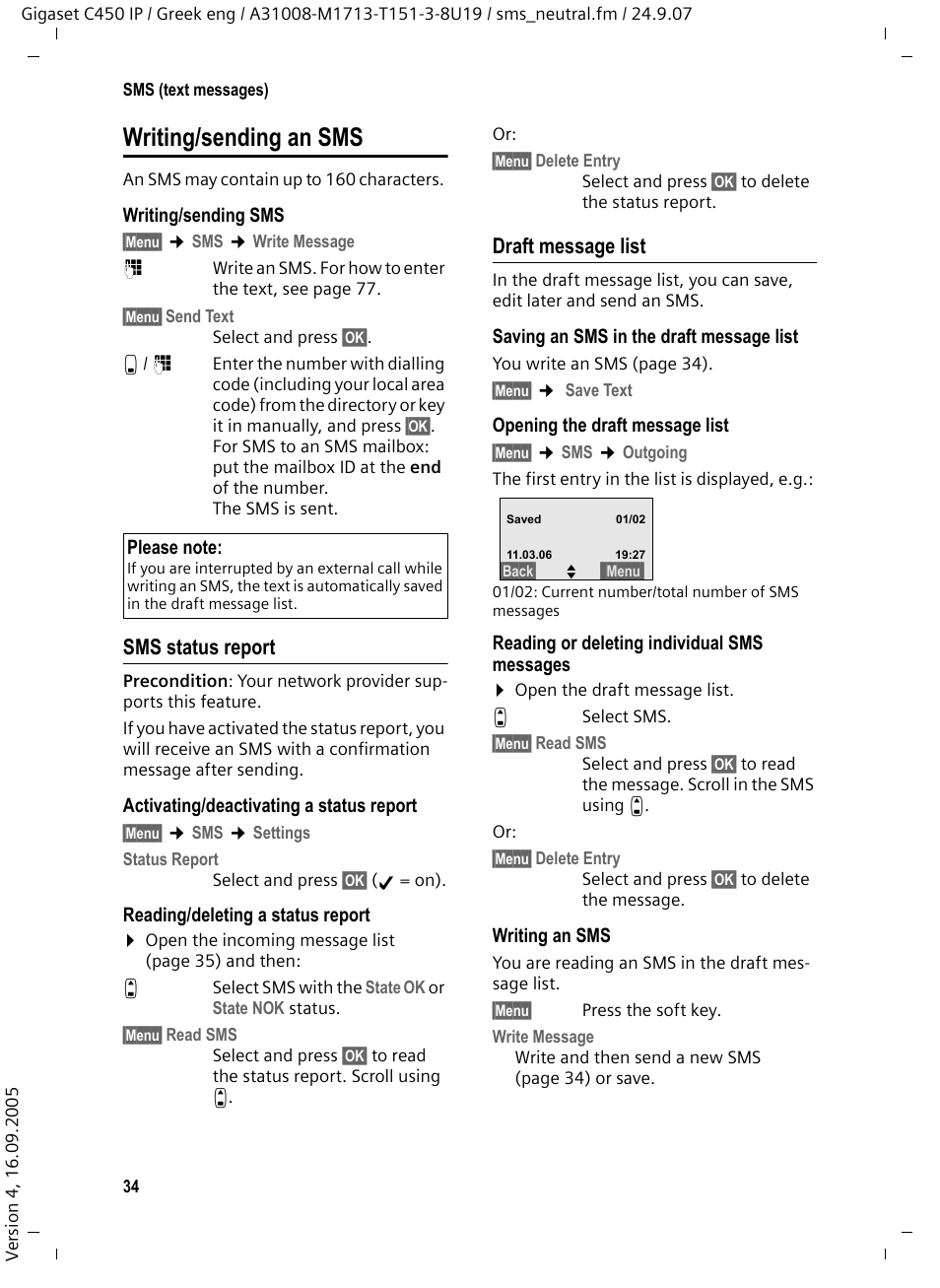 Writing/sending an sms, Sms status report, Draft message list | Siemens Gigaset C450IP User Manual | Page 35 / 106