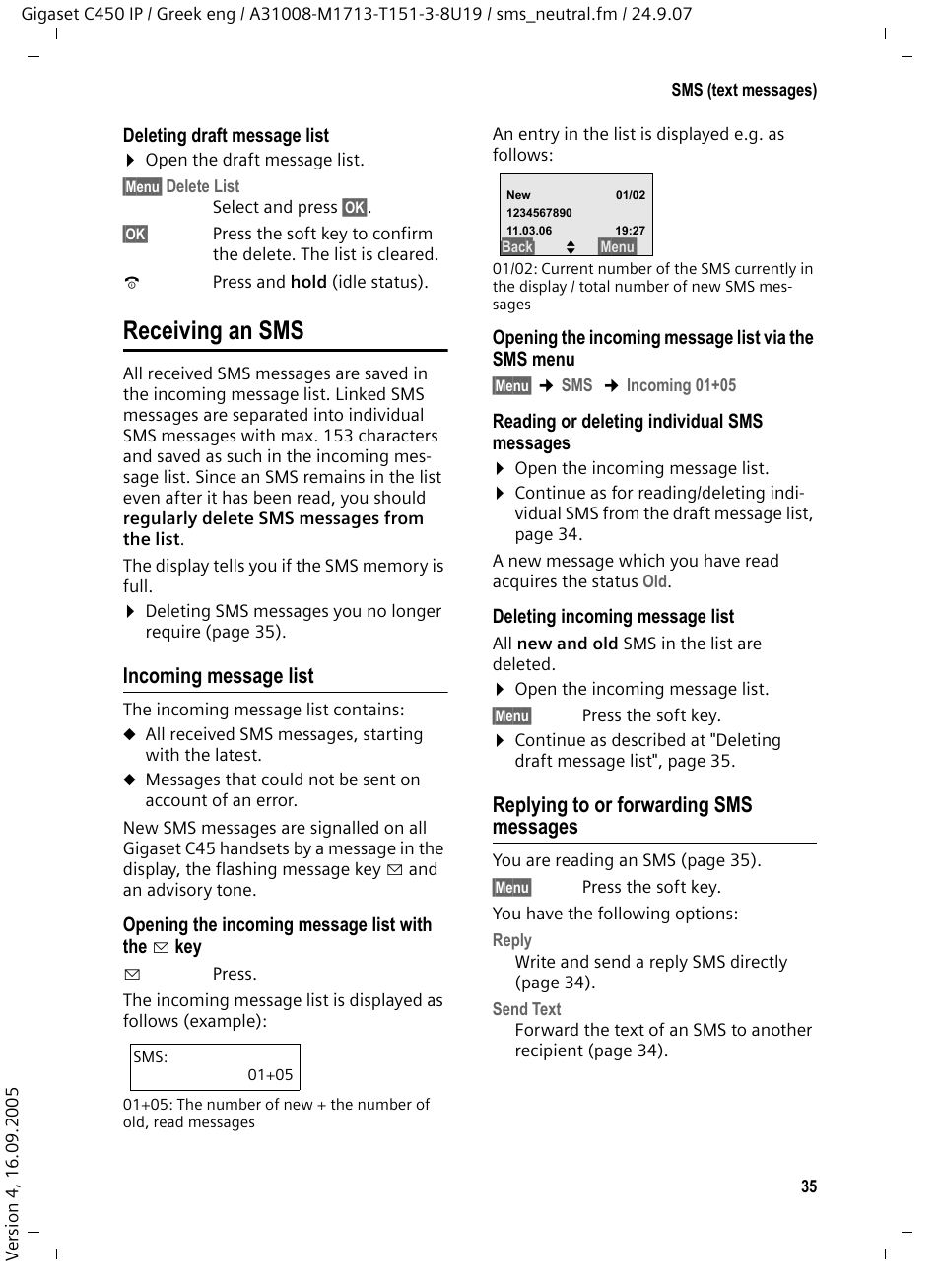 Receiving an sms, Incoming message list, Replying to or forwarding sms messages | Siemens Gigaset C450IP User Manual | Page 36 / 106