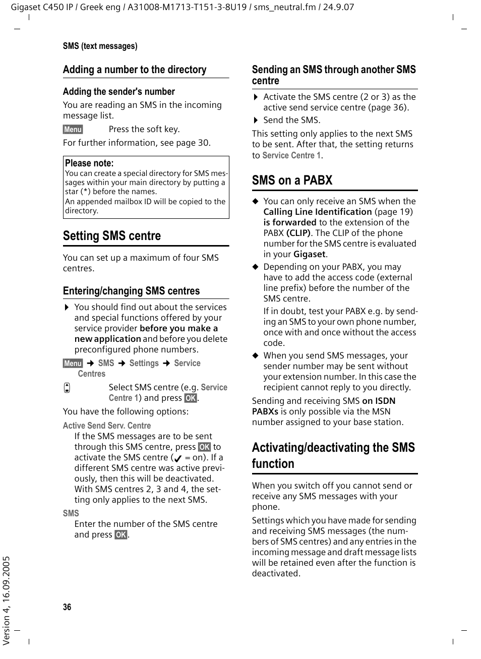 Adding a number to the directory, Setting sms centre, Entering/changing sms centres | Sending an sms through another sms centre, Sms on a pabx, Activating/deactivating the sms function | Siemens Gigaset C450IP User Manual | Page 37 / 106