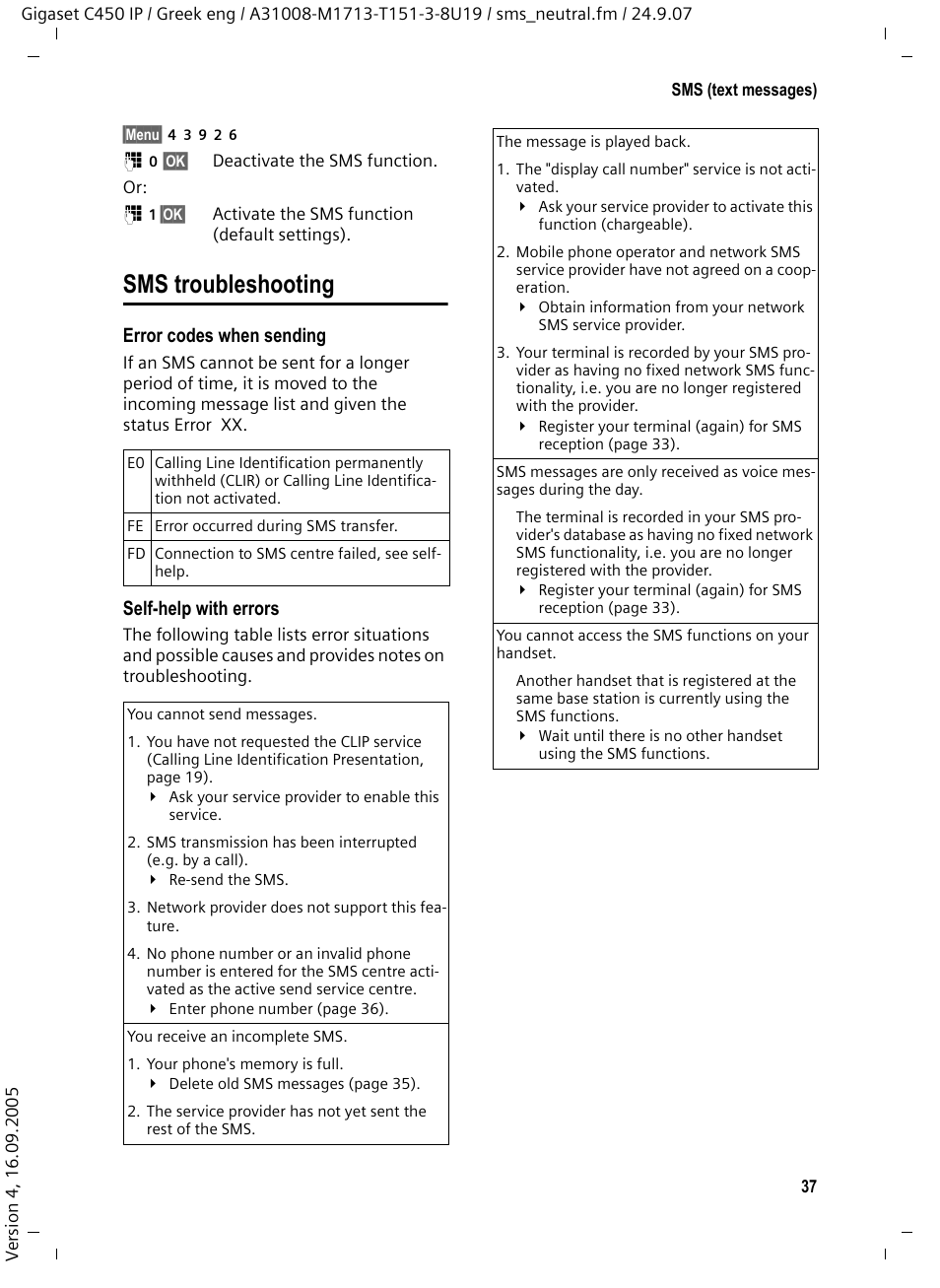 Sms troubleshooting | Siemens Gigaset C450IP User Manual | Page 38 / 106