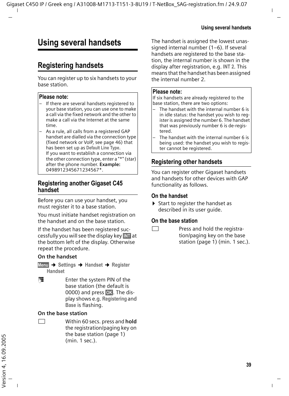 Using several handsets, Registering handsets, Registering another gigaset c45 handset | Registering other handsets | Siemens Gigaset C450IP User Manual | Page 40 / 106