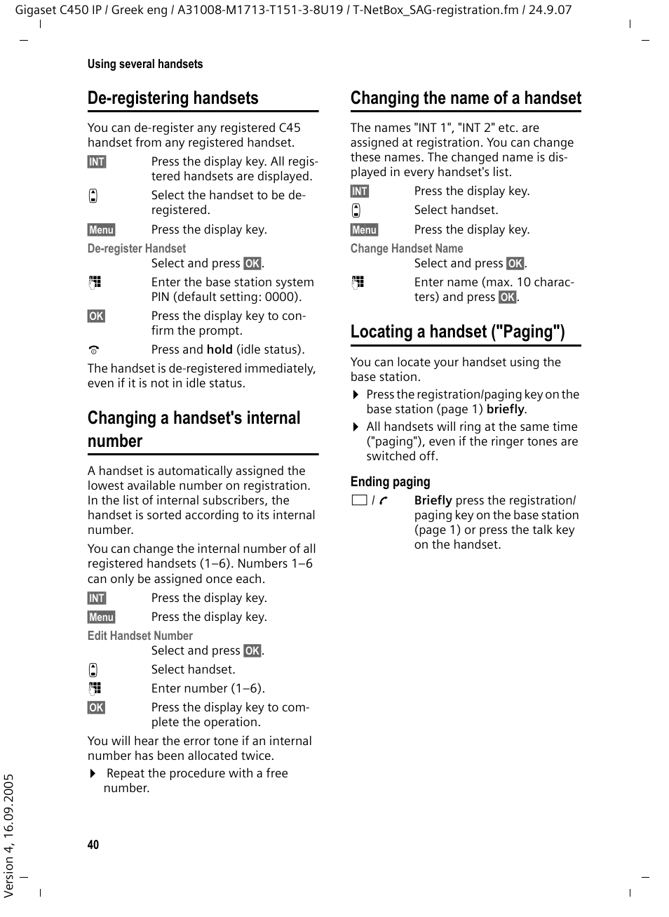 De-registering handsets, Changing a handset's internal number, Changing the name of a handset | Locating a handset (