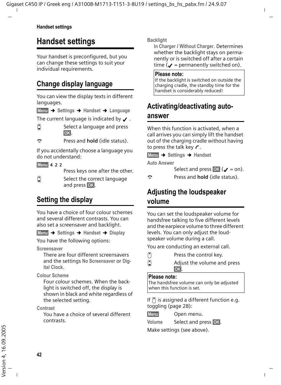 Handset settings, Change display language, Setting the display | Activating/deactivating auto- answer, Adjusting the loudspeaker volume | Siemens Gigaset C450IP User Manual | Page 43 / 106