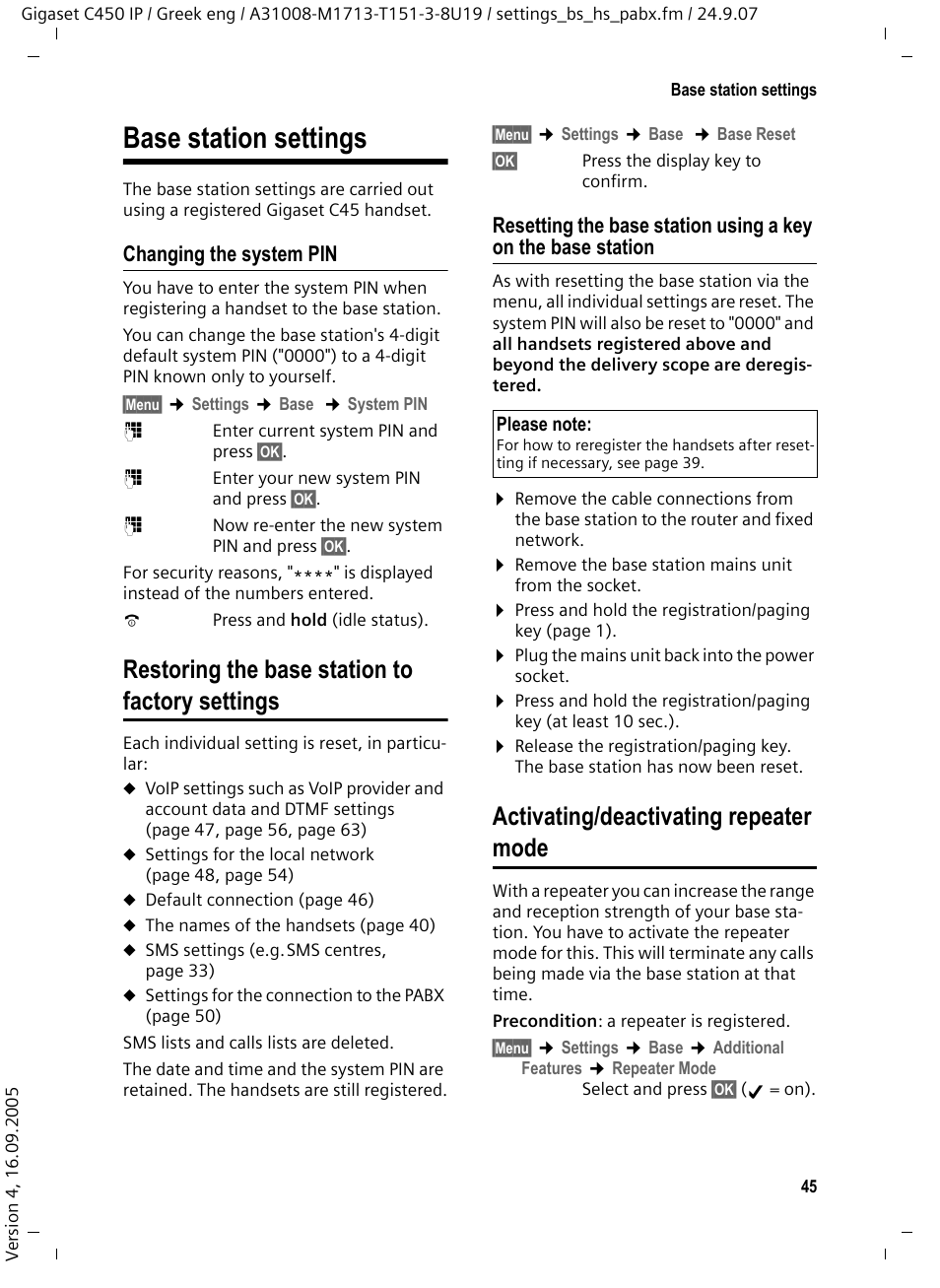 Base station settings, Changing the system pin, Restoring the base station to factory settings | Activating/deactivating repeater mode | Siemens Gigaset C450IP User Manual | Page 46 / 106